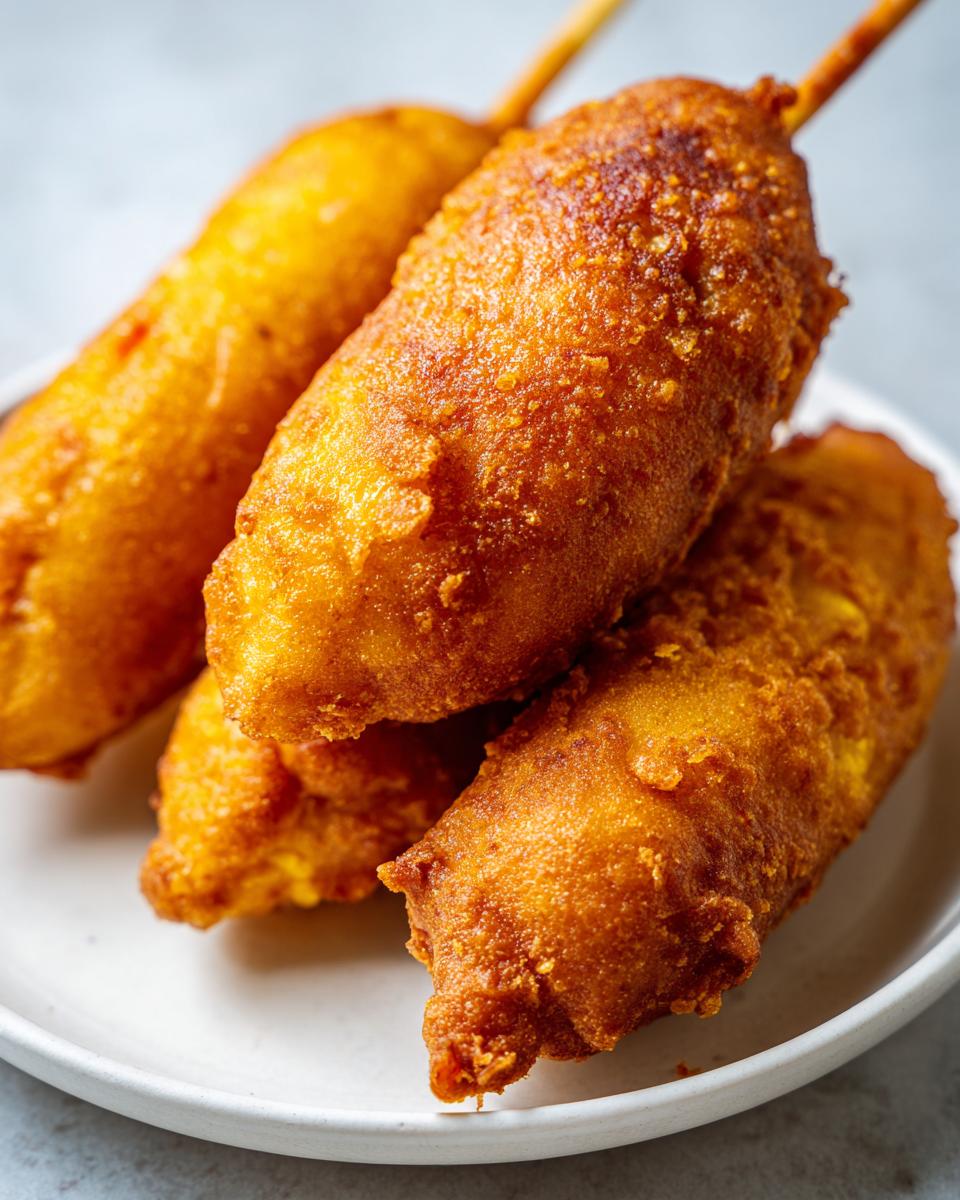 Close-up of several freshly fried, golden brown corn dogs stacked on a white plate.