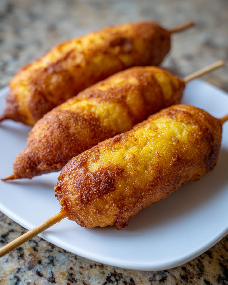 Close-up of three golden brown, crispy corn dogs served on a white plate.