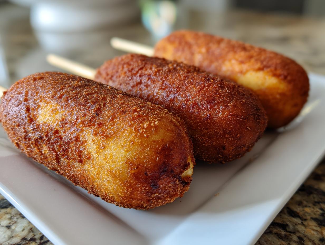 Three perfectly golden brown, crispy corn dogs on wooden sticks resting on a white rectangular plate.