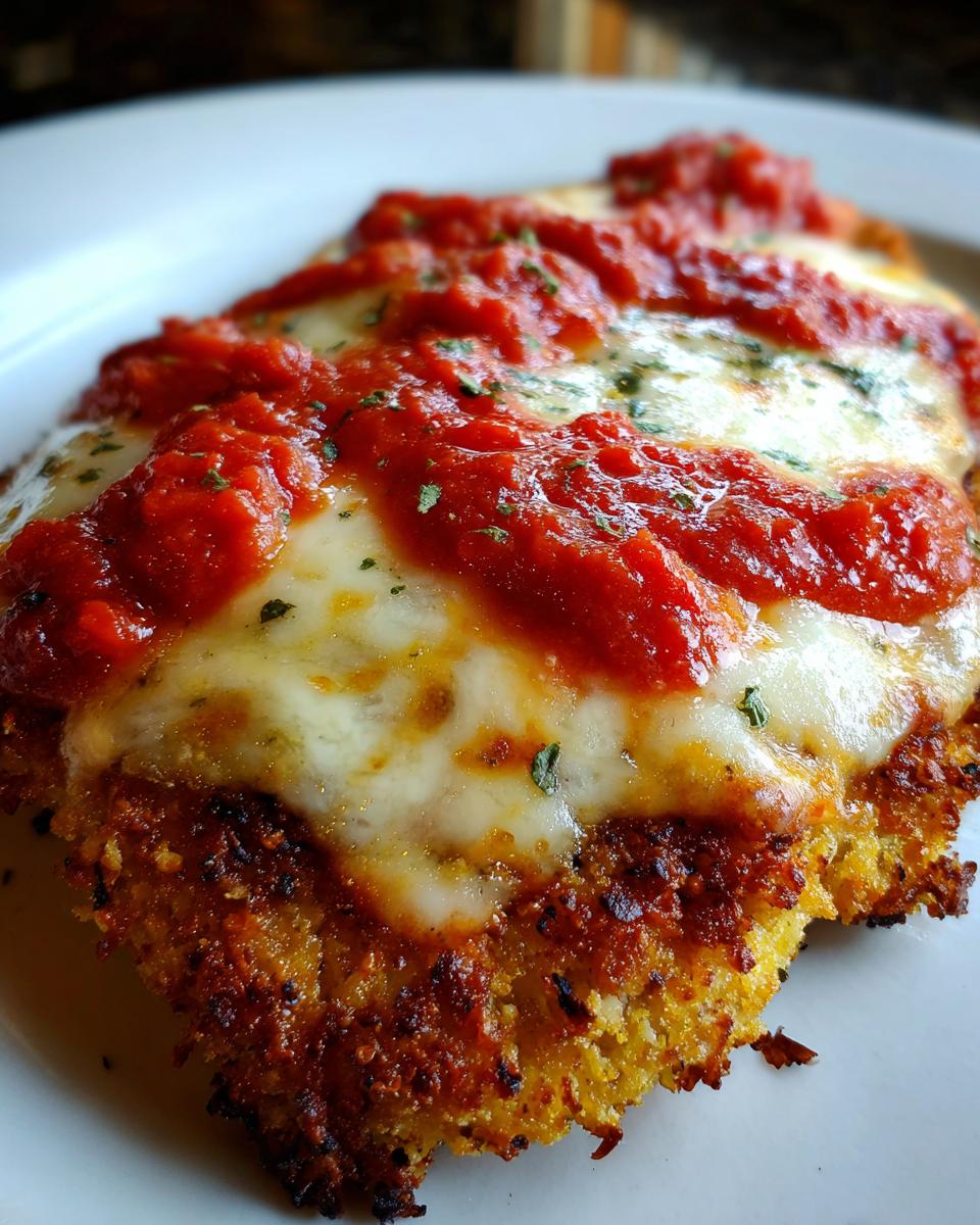A close-up of a crispy, breaded cutlet topped with melted mozzarella cheese and rich marinara sauce, representing keto chicken parmesan.