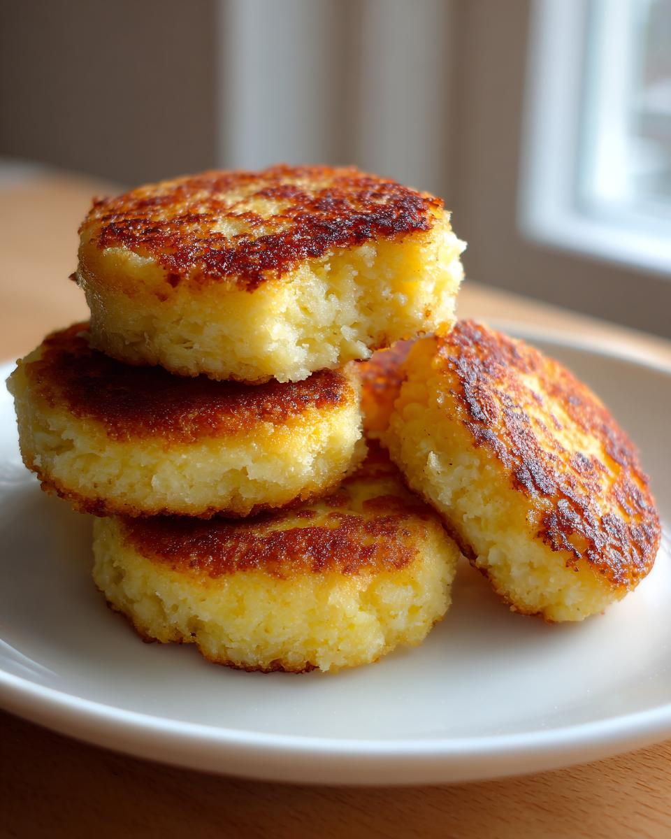 A stack of four golden-brown, crispy mashed potato cakes resting on a white plate.