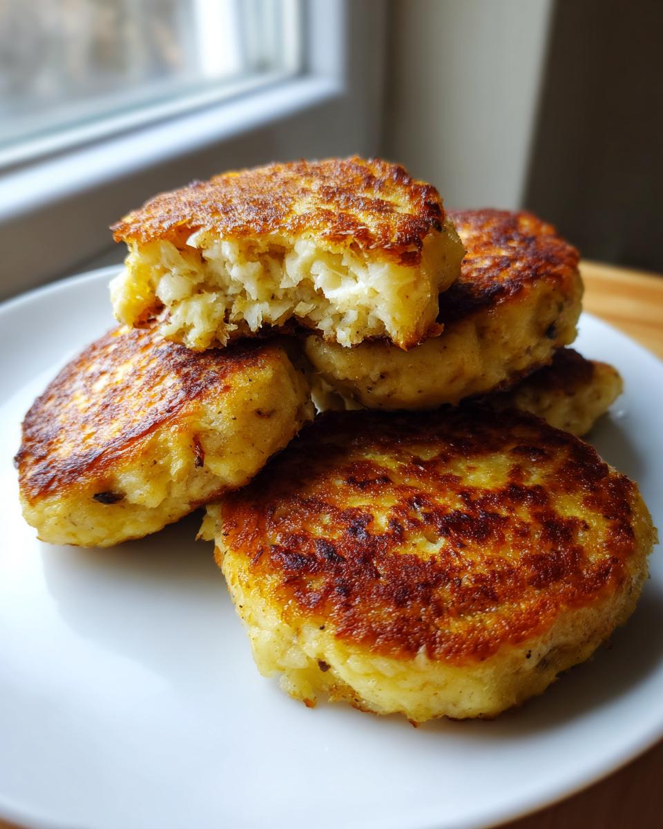 A stack of four golden-brown, crispy mashed potato cakes, with one broken open showing the fluffy interior.