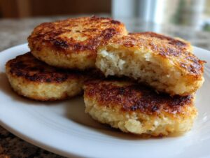 A stack of golden brown, crispy mashed potato cakes, with one broken open showing the fluffy interior.