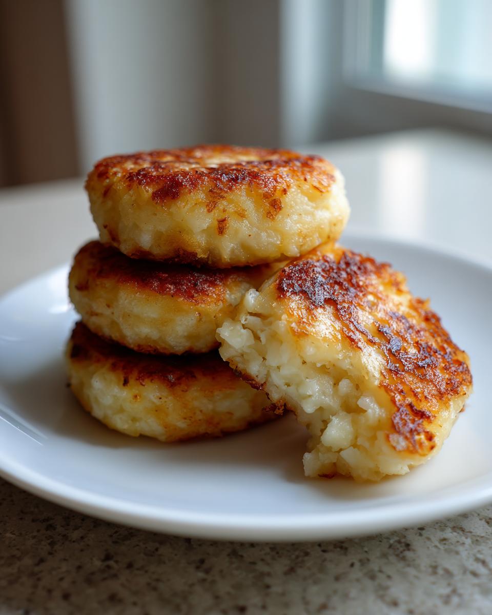 Three crispy mashed potato cakes stacked on a white plate, one broken open showing the fluffy interior.