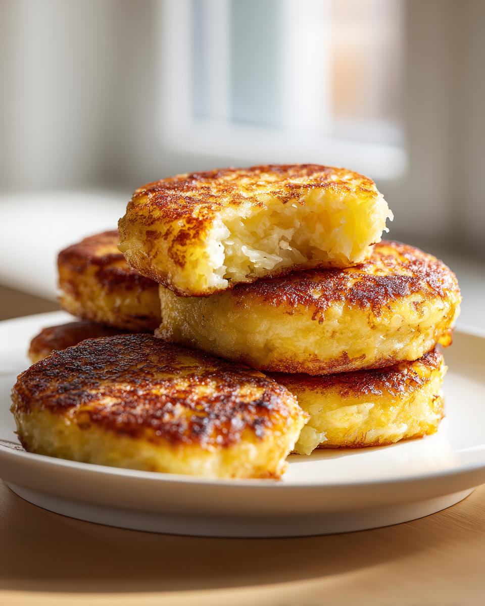A stack of four golden-brown, crispy mashed potato cakes with one on top broken open to show the fluffy interior.