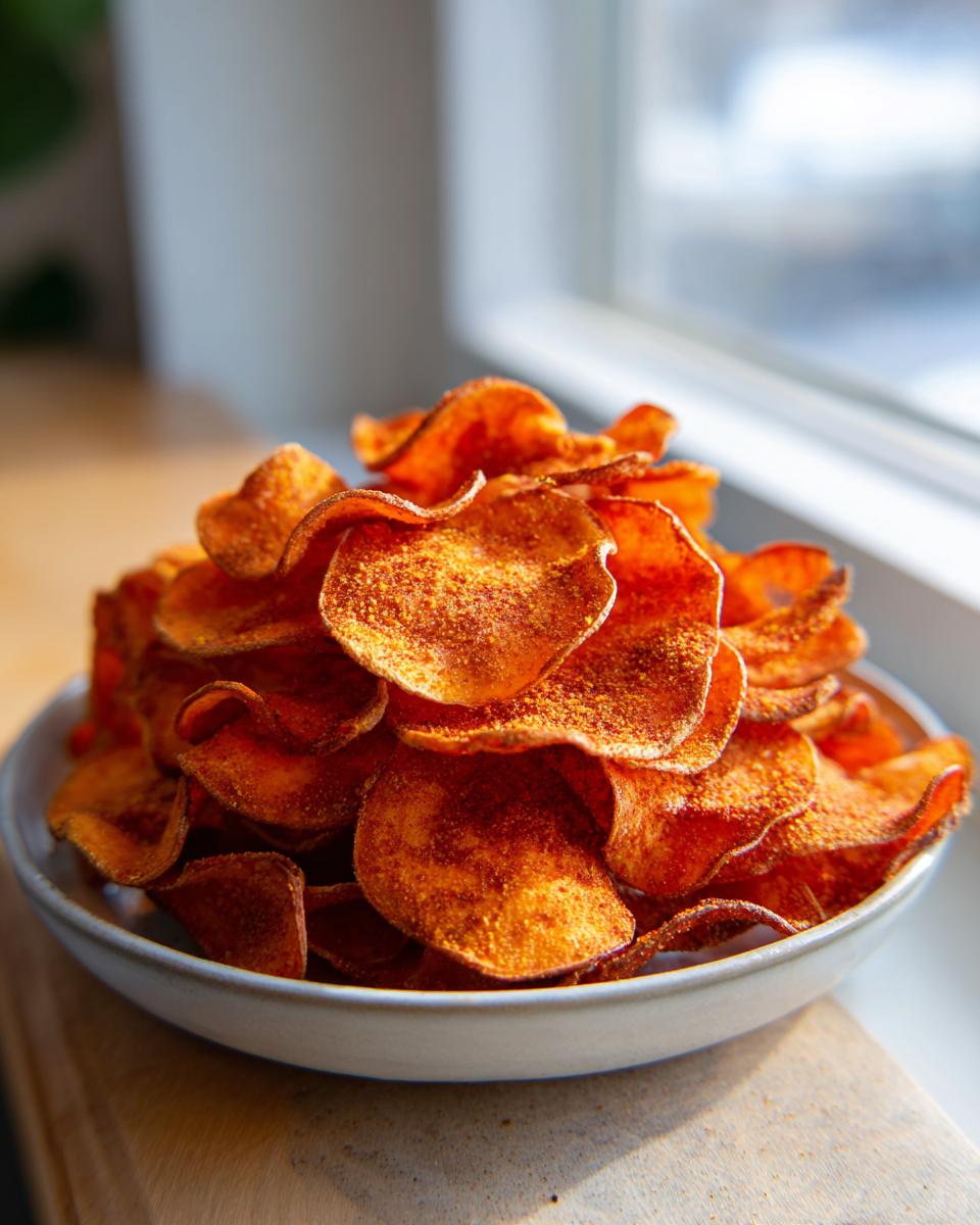 A close-up of a bowl piled high with crispy, orange seasoned sweet potato chips, backlit by a window.