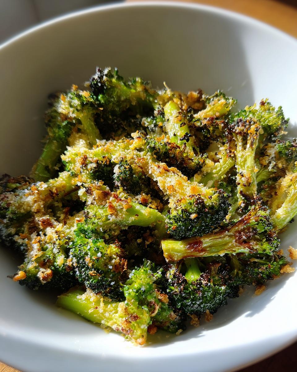 Close-up of crispy, roasted smashed broccoli florets topped with golden breadcrumbs and cheese in a white bowl.