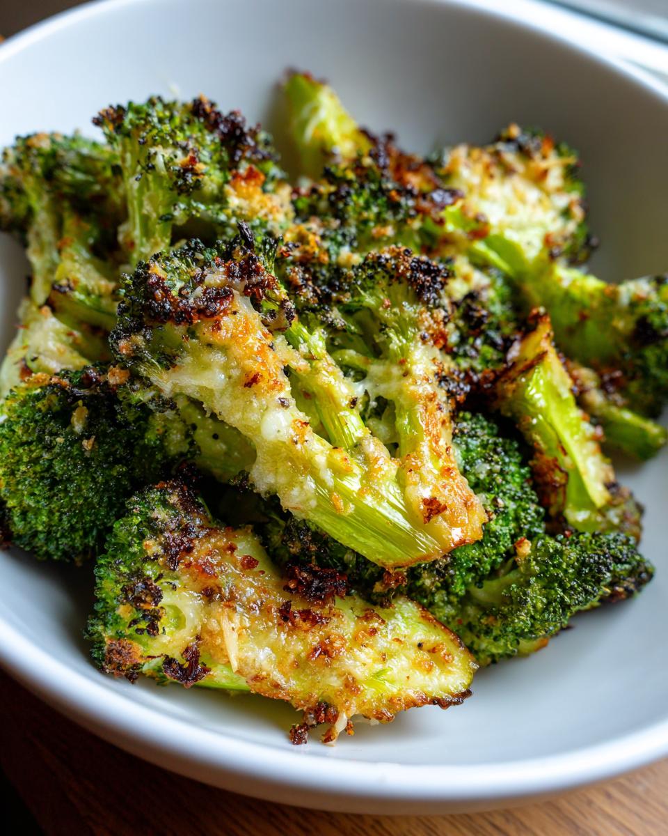 Close-up of crispy, cheesy smashed broccoli florets with charred edges served in a white bowl.