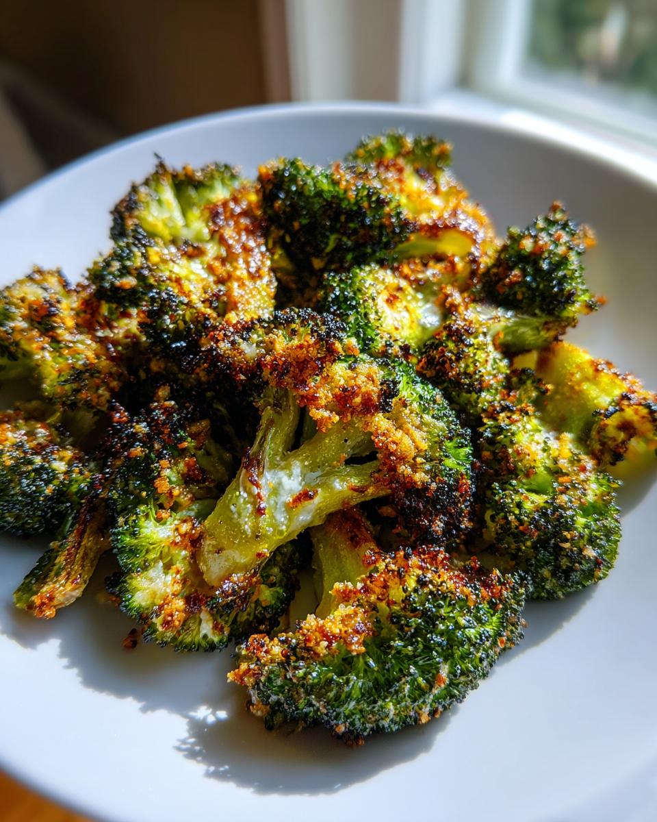 Close-up of crispy, oven-roasted smashed broccoli florets with browned, seasoned edges served in a white bowl.