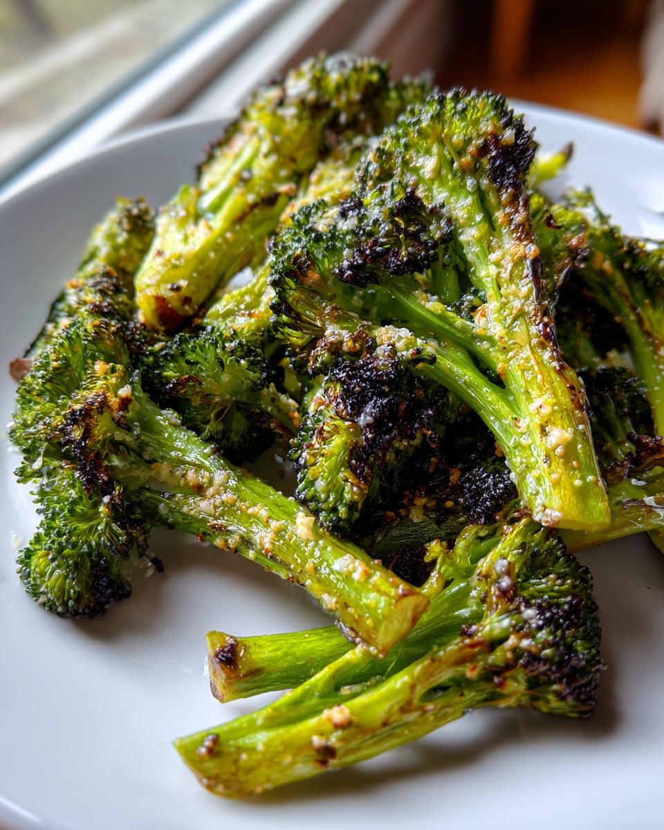 Close-up of crispy, charred, and cheesy smashed broccoli florets served on a white plate.