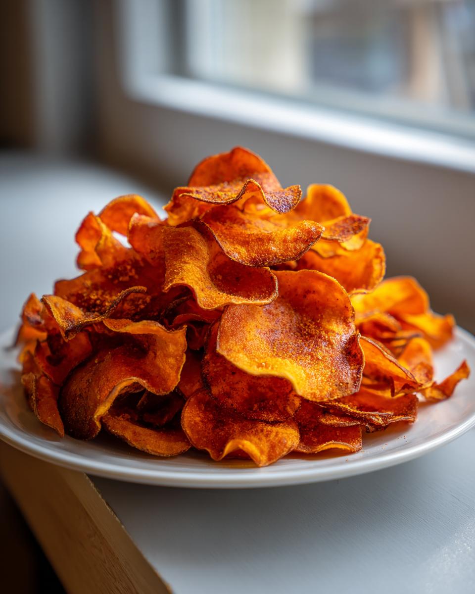 A close-up of a tall pile of perfectly crisp, orange sweet potato chips seasoned on a white plate.