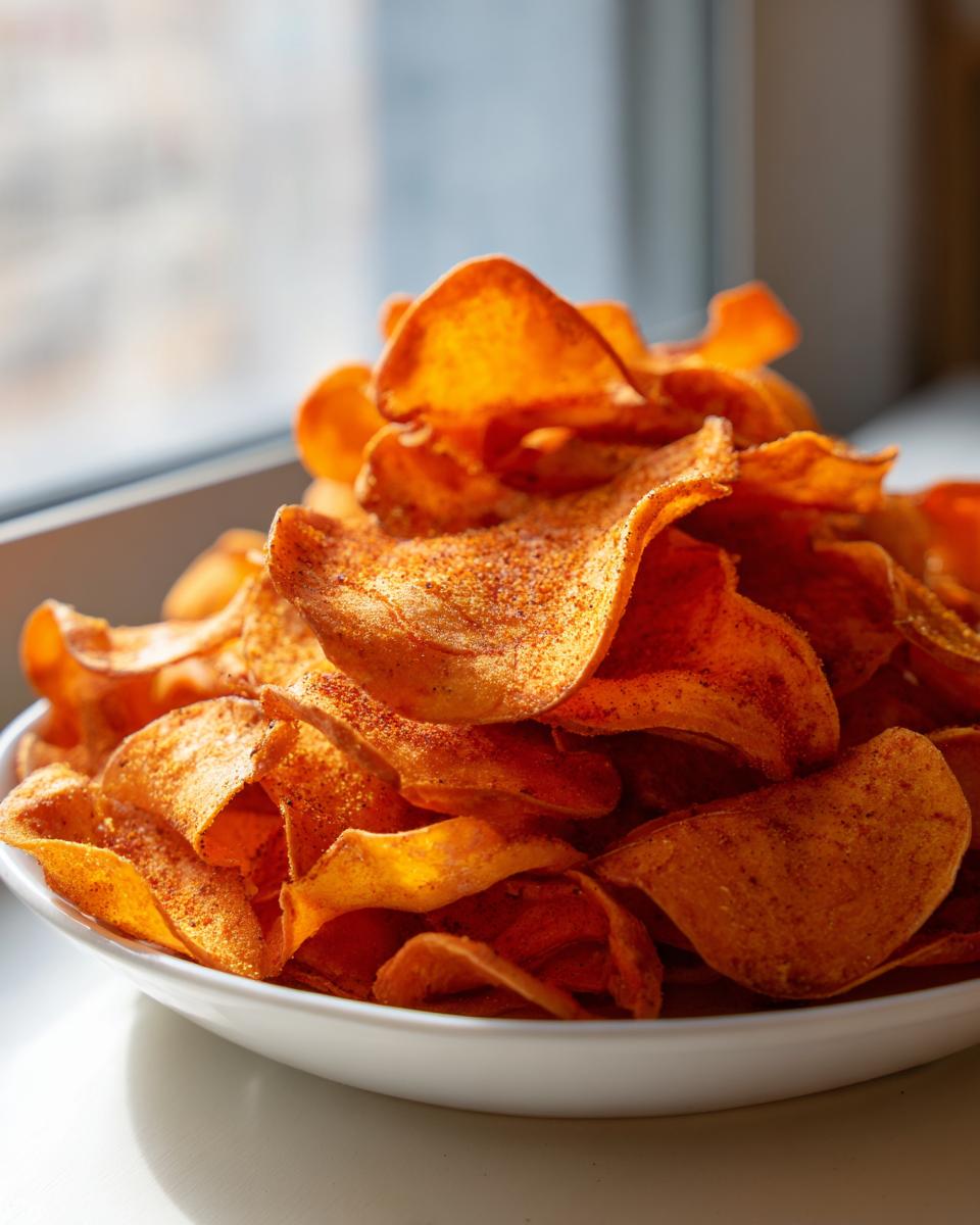 A close-up of a white bowl filled with crispy, orange sweet potato chips seasoned with spices.