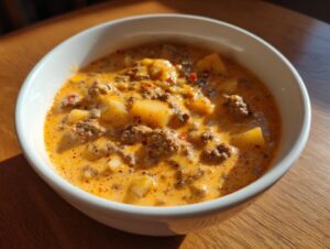 Close-up of a white bowl filled with creamy, orange crockpot cheeseburger soup featuring ground beef and potato chunks.