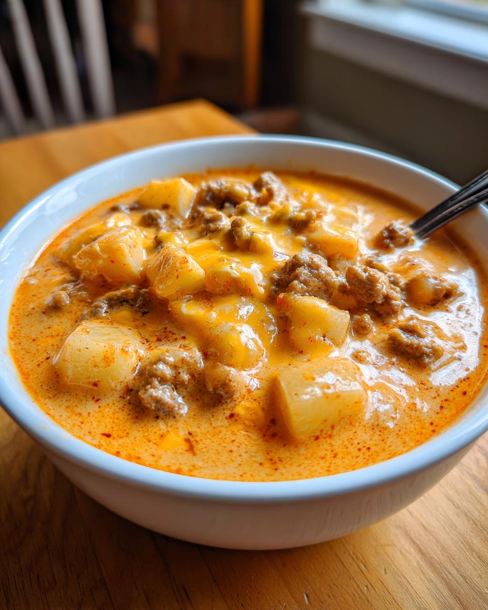 Close-up of a white bowl filled with creamy, orange crockpot cheeseburger soup featuring chunks of potato and ground beef.