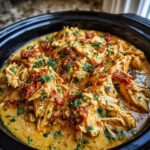 Close-up of shredded crockpot marry me chicken covered in creamy sauce, sun-dried tomatoes, and fresh parsley.