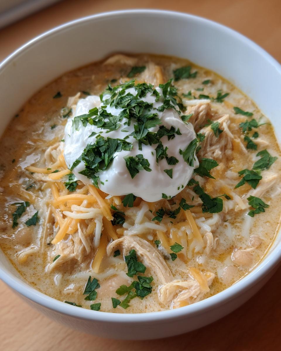 A close-up of a white bowl filled with creamy crockpot white chicken chili, topped with sour cream, shredded cheese, and fresh parsley.