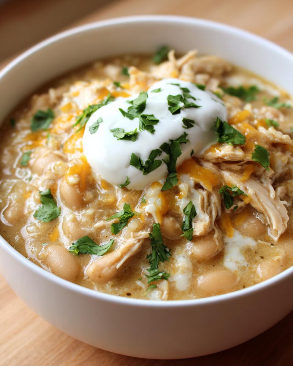 Close-up of a bowl of creamy crockpot white chicken chili topped with sour cream, cheese, and cilantro.