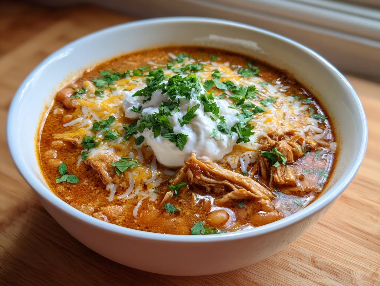 A hearty bowl of crockpot white chicken chili topped with shredded cheese, sour cream, and fresh cilantro.