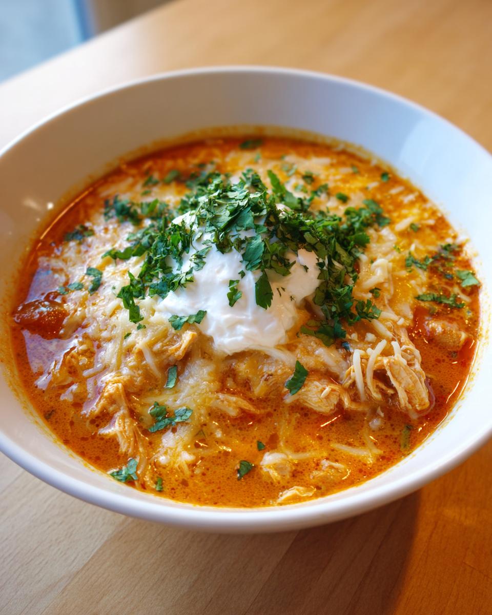A close-up of a bowl of rich, orange-hued crockpot white chicken chili topped with melted cheese, sour cream, and fresh cilantro.