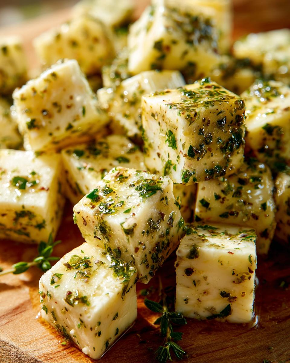 Close-up of white cheese cubes generously coated in oil and green herbs, representing marinated cheese.