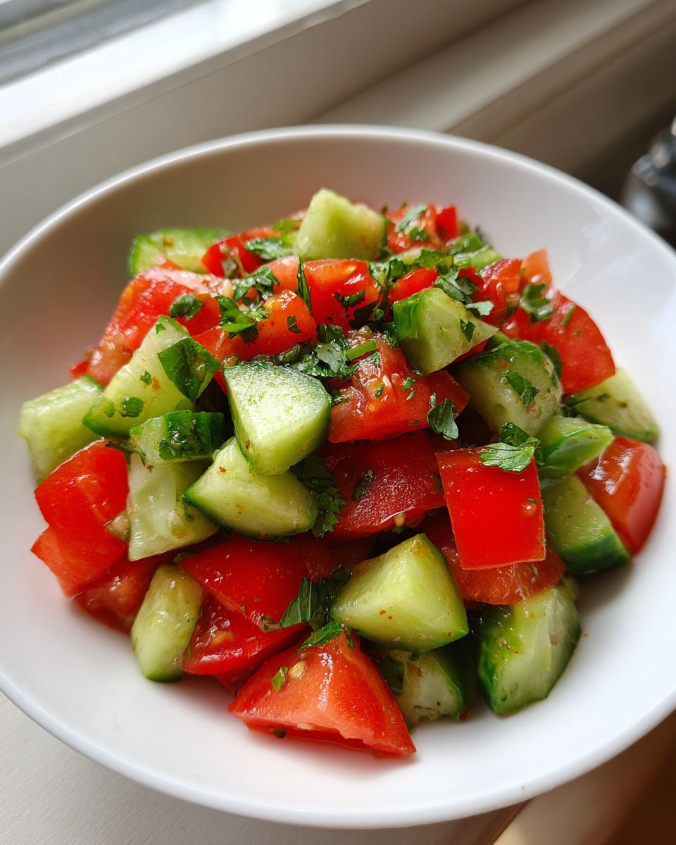 Close-up of a vibrant cucumber tomato salad with fresh herbs, served in a white bowl.