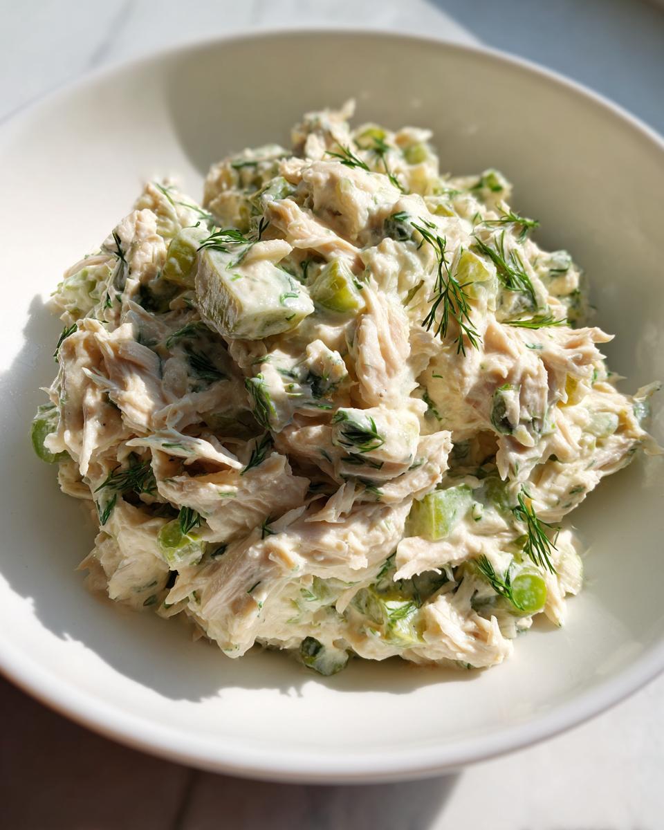 A close-up view of creamy dill pickle chicken salad, featuring shredded chicken, chopped pickles, and fresh dill, served in a white bowl.