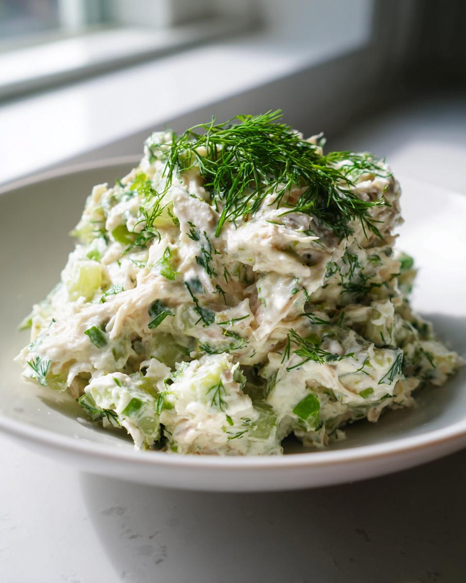 A mound of creamy dill pickle chicken salad topped with fresh dill sprigs, served in a light bowl.