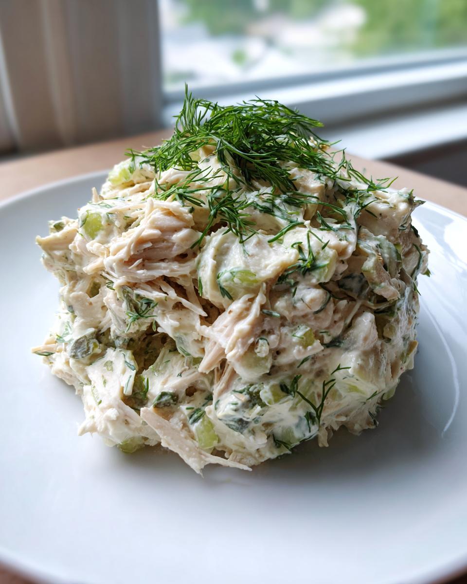 A mound of creamy dill pickle chicken salad topped generously with fresh dill sprigs on a white plate.