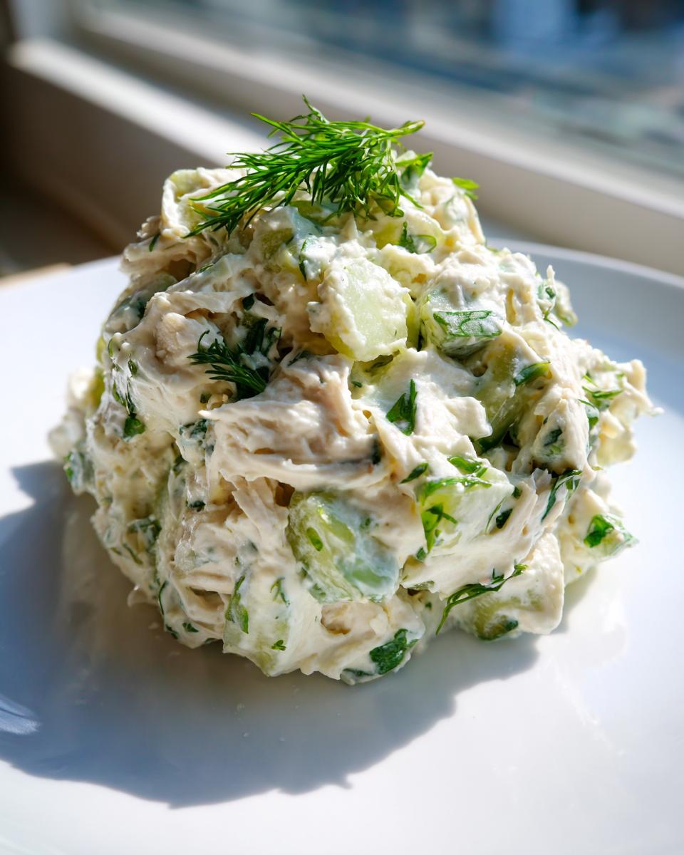 A scoop of creamy dill pickle chicken salad garnished with fresh dill sprigs, sitting on a white plate.