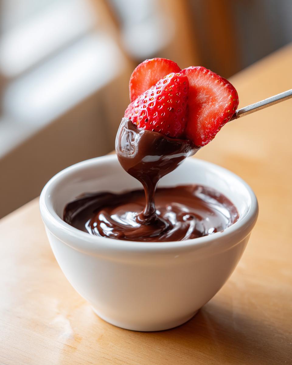 A strawberry half being dipped into rich, melted chocolate fondue in a white bowl.