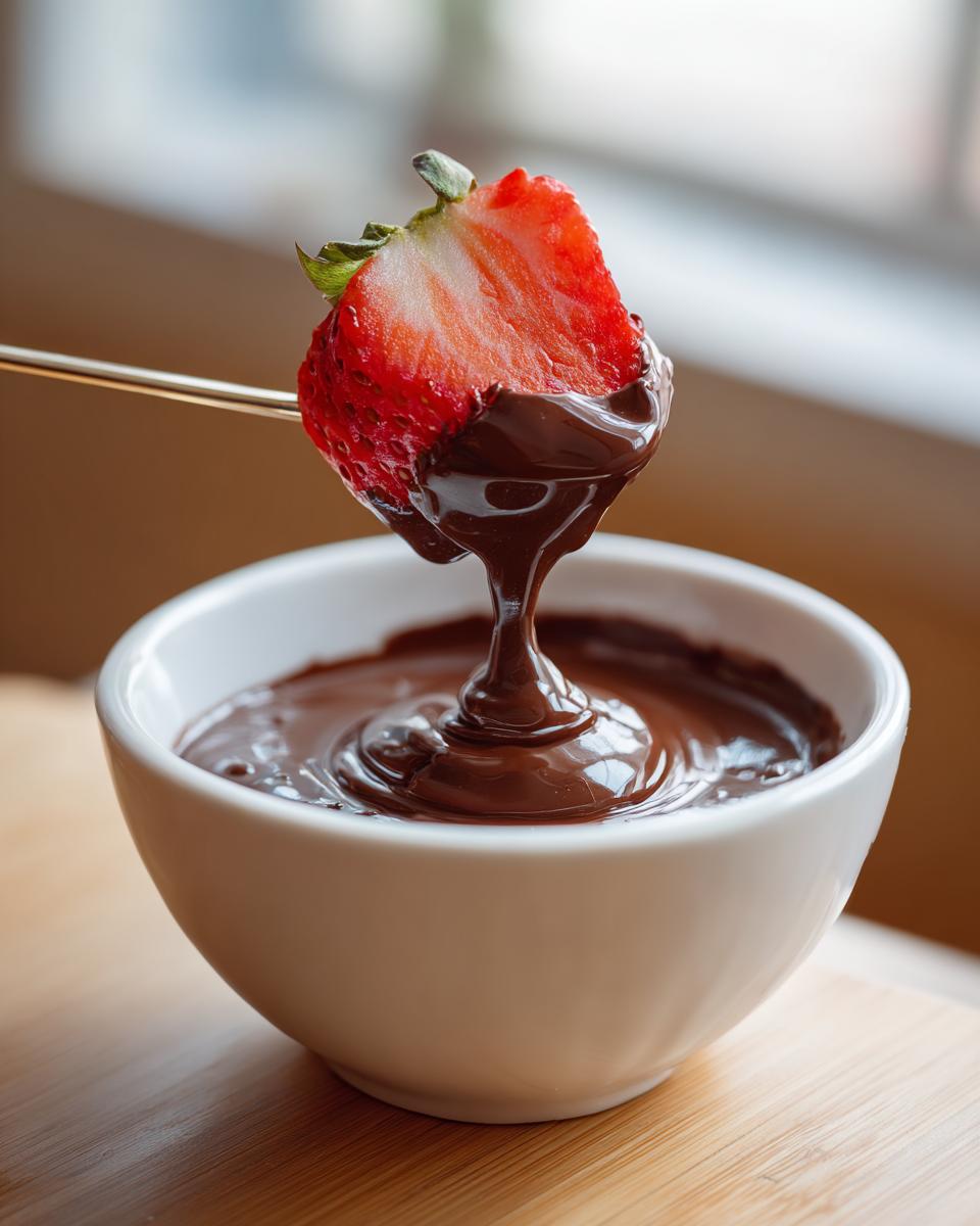 A strawberry half on a fondue fork being dipped into rich, melted chocolate fondue in a white bowl.