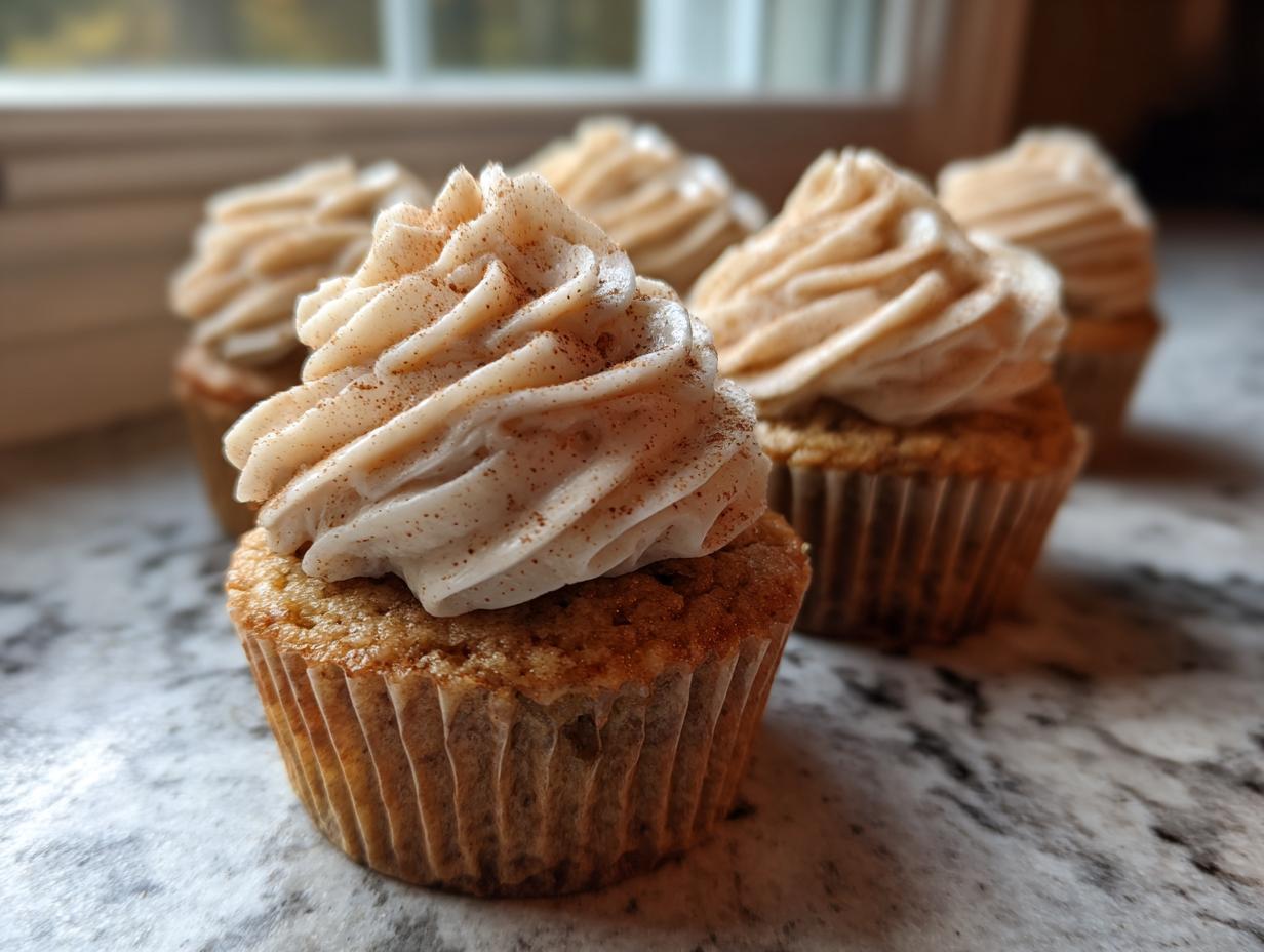 A close-up of freshly baked banana cupcakes topped with swirled, cinnamon-dusted frosting.