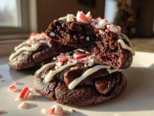 Close-up of fudgy double chocolate peppermint cookies, drizzled with white icing and topped with crushed candy canes.