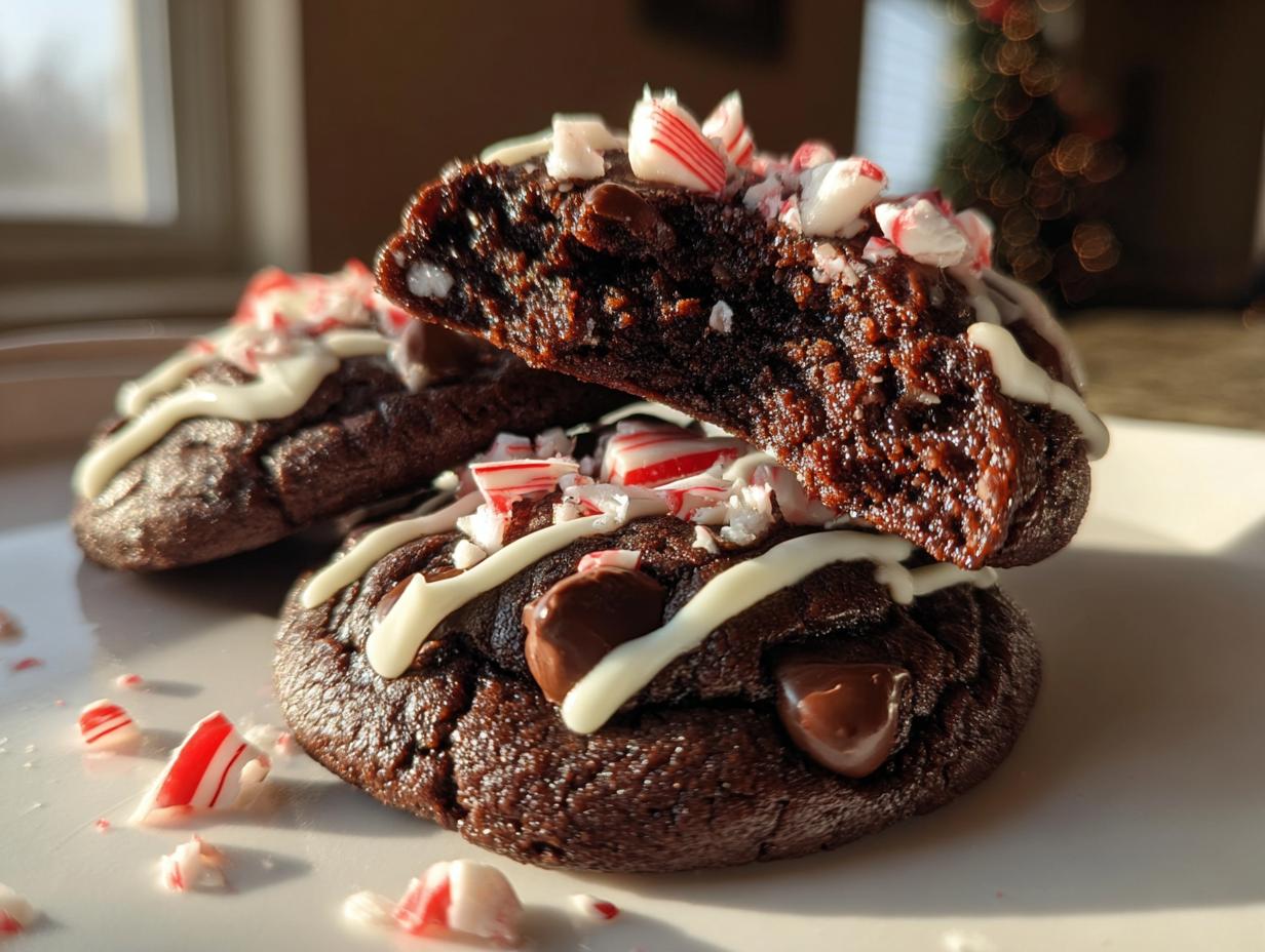 Close-up of fudgy double chocolate peppermint cookies, drizzled with white icing and topped with crushed candy canes.