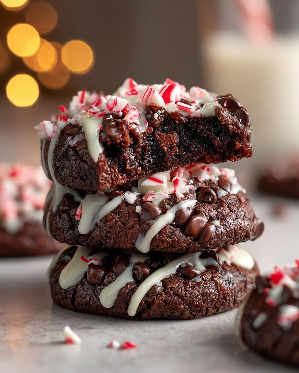 A stack of three rich, fudgy double chocolate peppermint cookies drizzled with white glaze and topped with crushed candy canes.