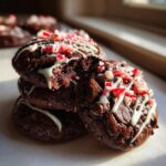 A stack of rich, fudgy double chocolate peppermint cookies topped with white chocolate drizzle and crushed candy canes.