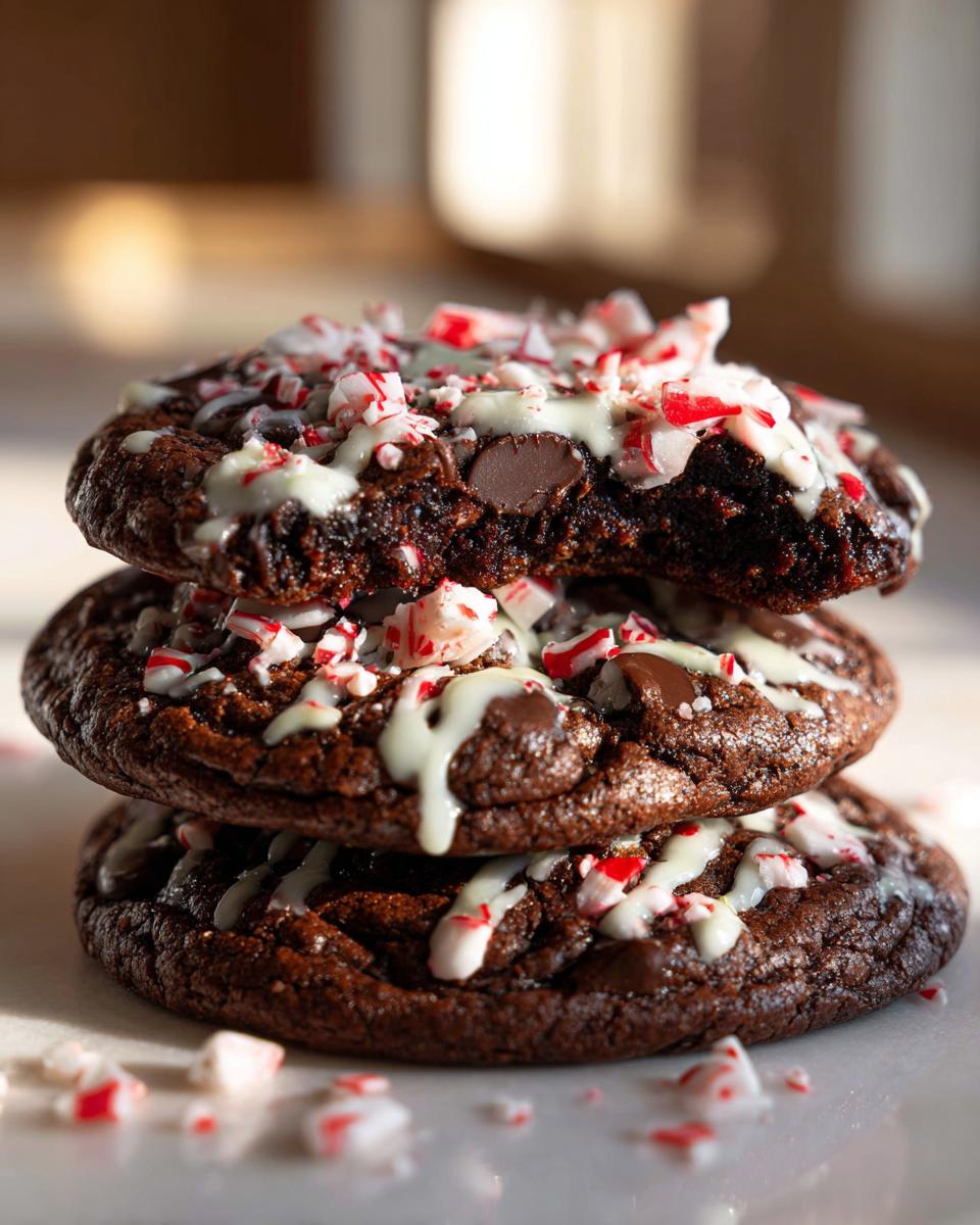 A stack of three rich double chocolate peppermint cookies topped with white chocolate drizzle and crushed candy canes.
