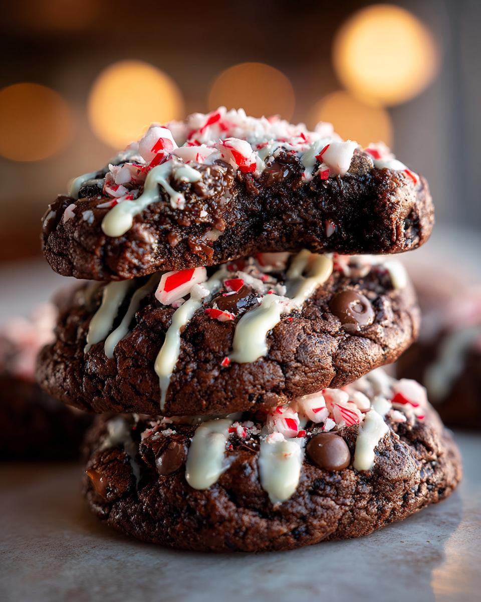 A stack of three rich double chocolate peppermint cookies topped with white chocolate drizzle and crushed candy canes.