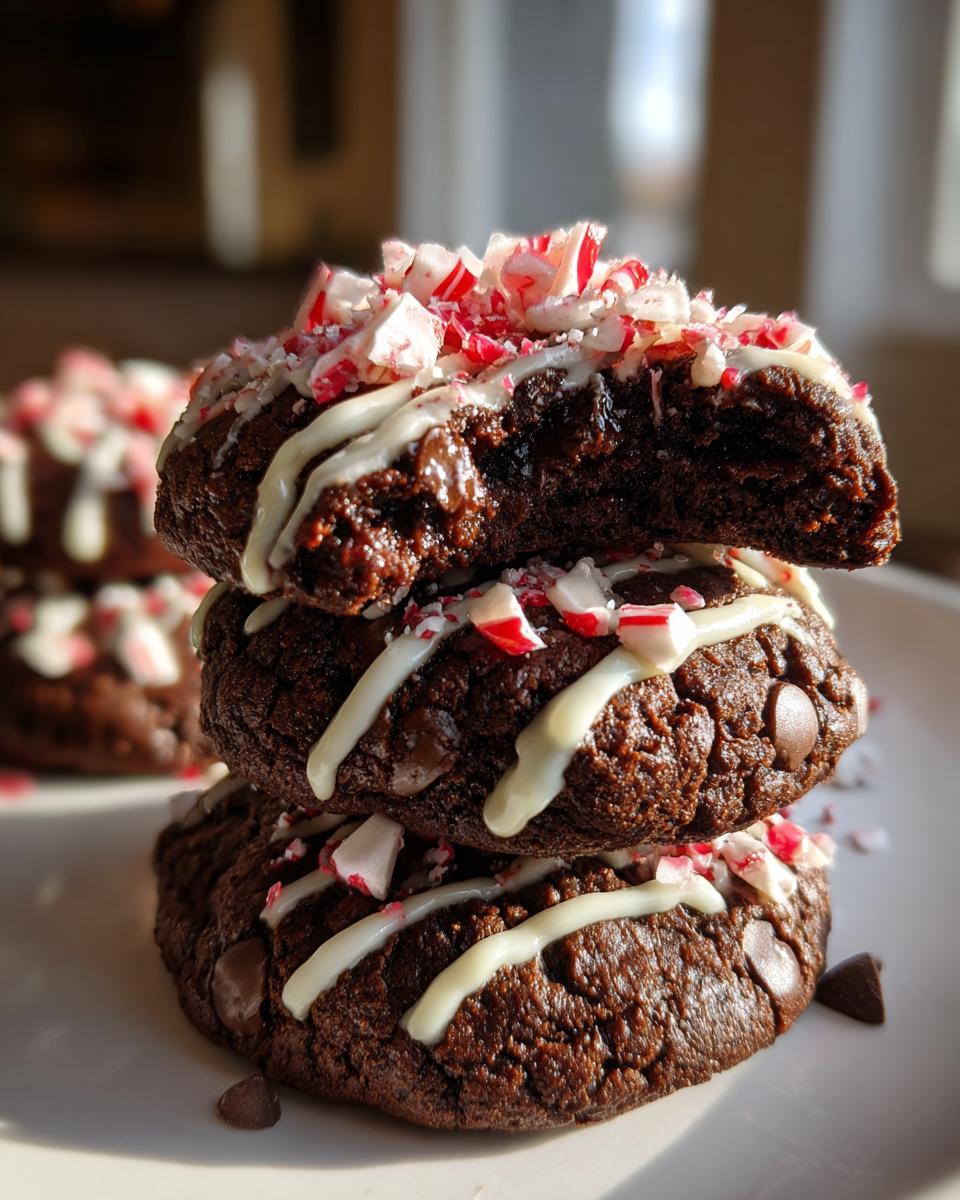 A stack of three rich, dark double chocolate peppermint cookies drizzled with white icing and crushed candy canes.