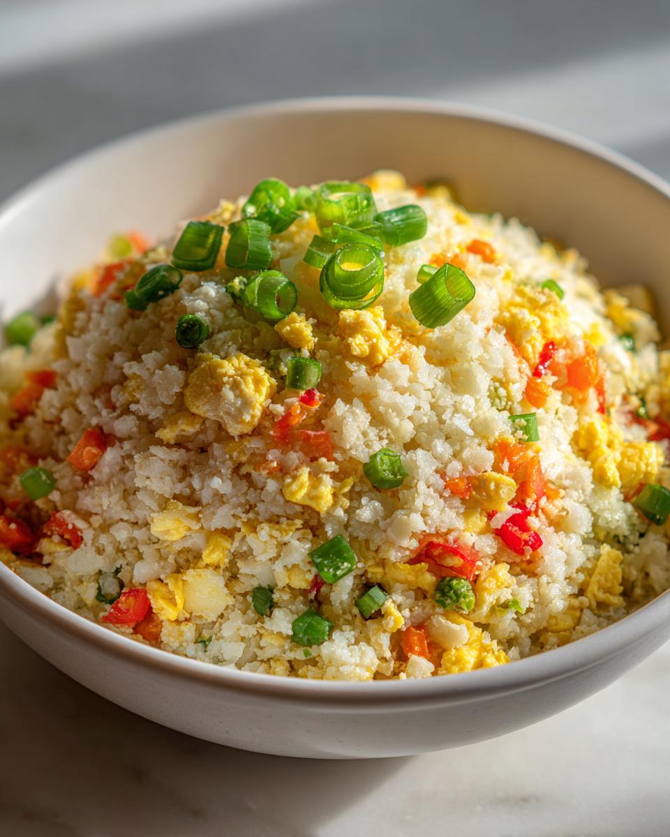 A close-up of a white bowl filled with bright cauliflower fried rice, mixed with scrambled egg and topped with fresh green scallions.