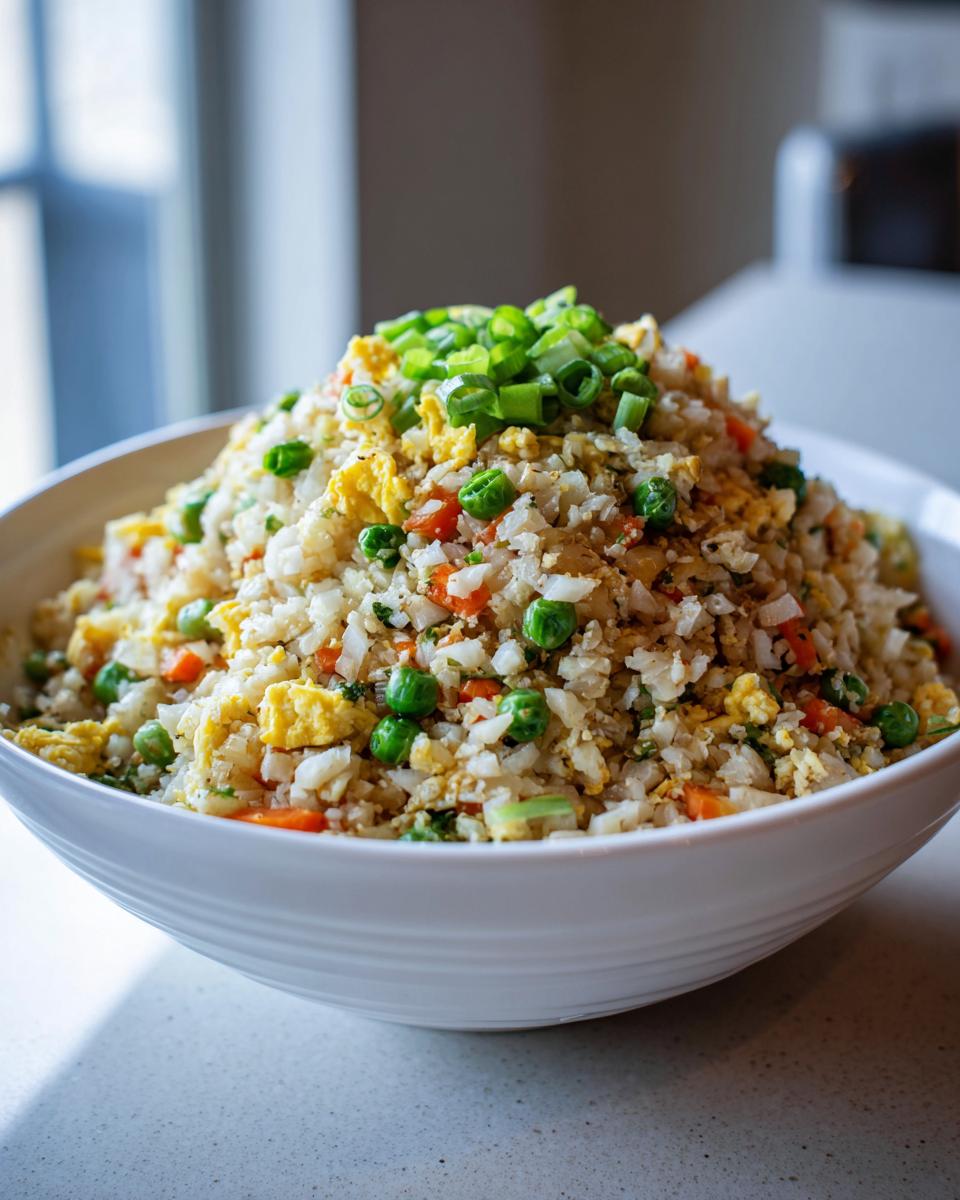 A large white bowl filled high with vibrant cauliflower fried rice, mixed with scrambled egg, peas, and carrots, topped with green onions.