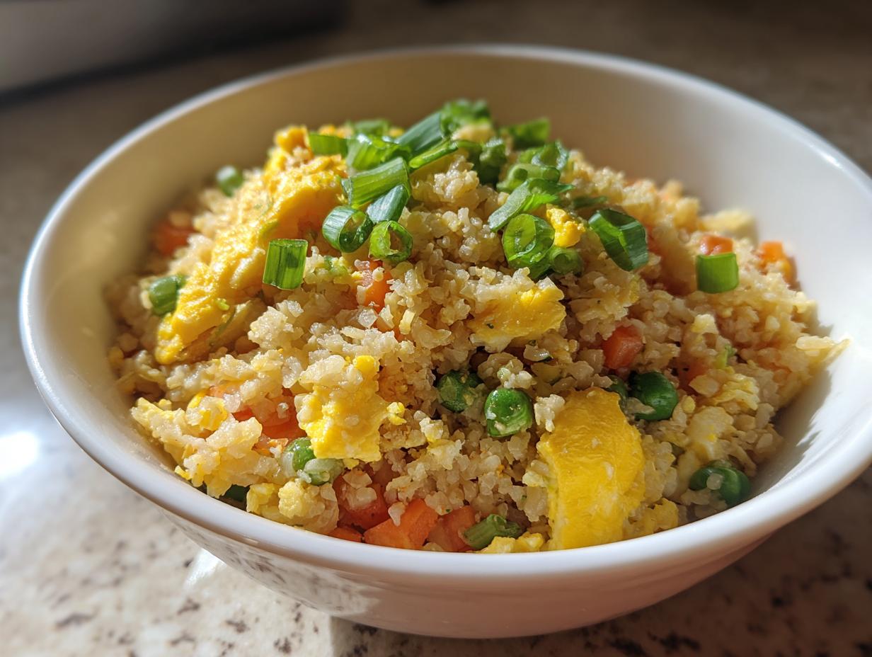 A white bowl filled with easy cauliflower fried rice, mixed with scrambled egg, peas, carrots, and topped with green onions.