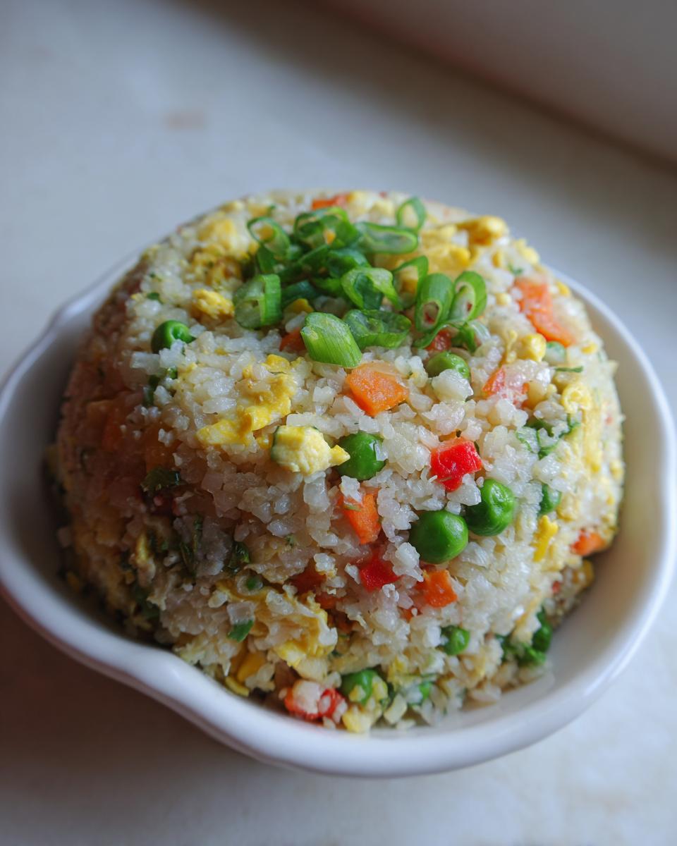 A perfectly mounded serving of cauliflower fried rice mixed with scrambled egg, carrots, and peas, topped with fresh green onions.