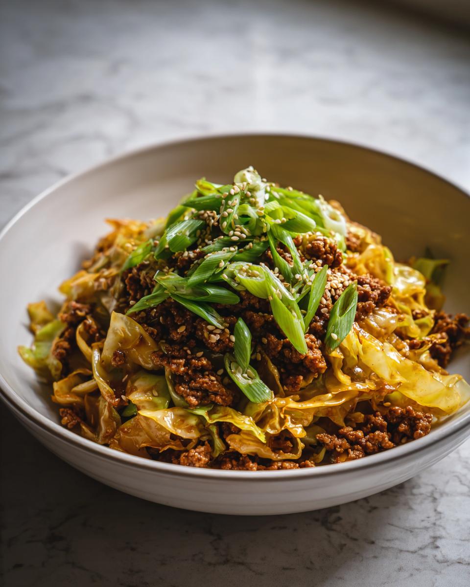 A close-up of a hearty serving of egg roll in a bowl with ground meat and cabbage, topped with fresh scallions and sesame seeds.