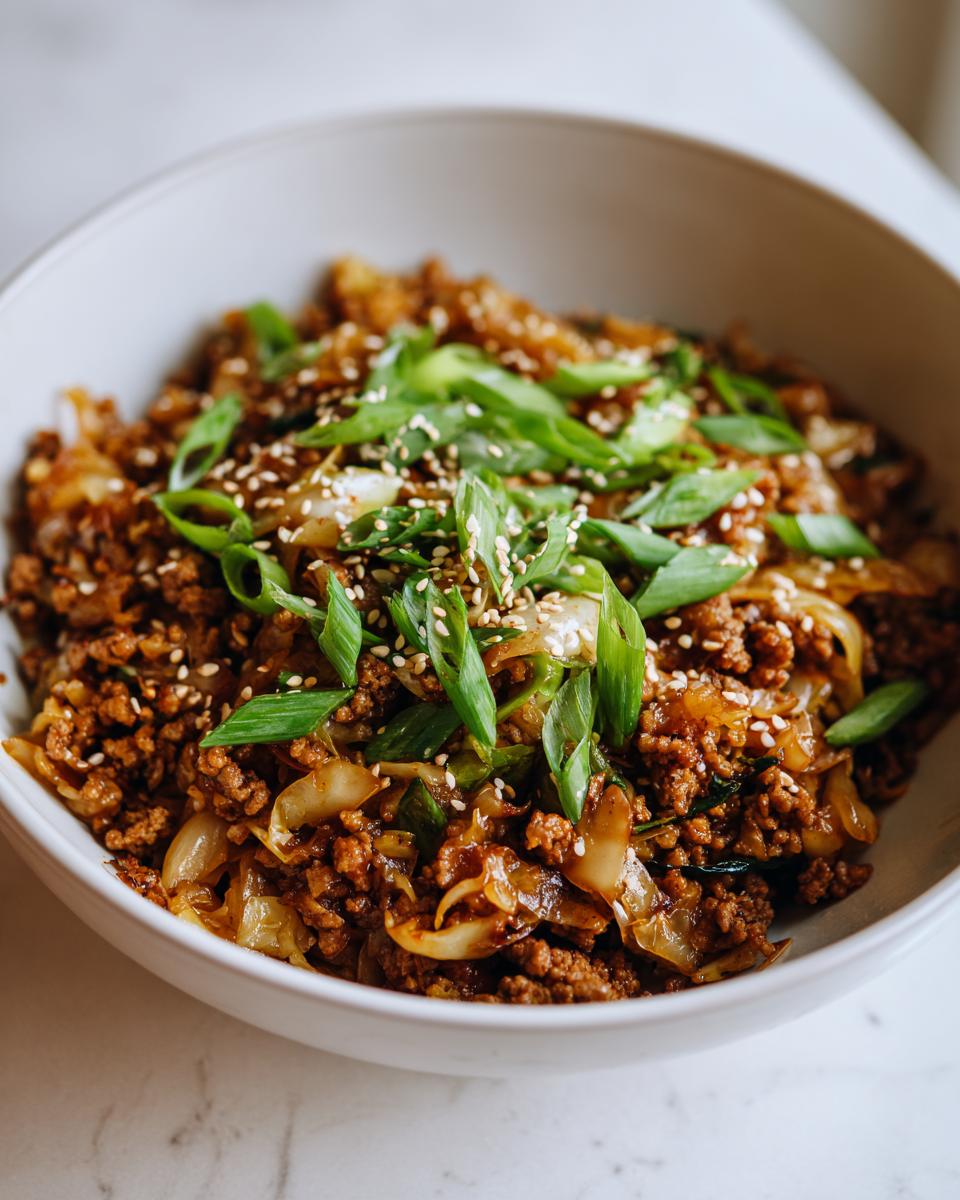 Close-up of a serving of egg roll in a bowl featuring ground meat, cabbage, topped with sesame seeds and sliced green onions.