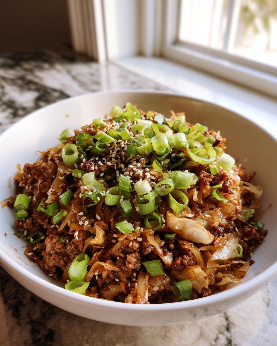 A close-up of a hearty serving of egg roll in a bowl, topped generously with sliced green onions and sesame seeds.