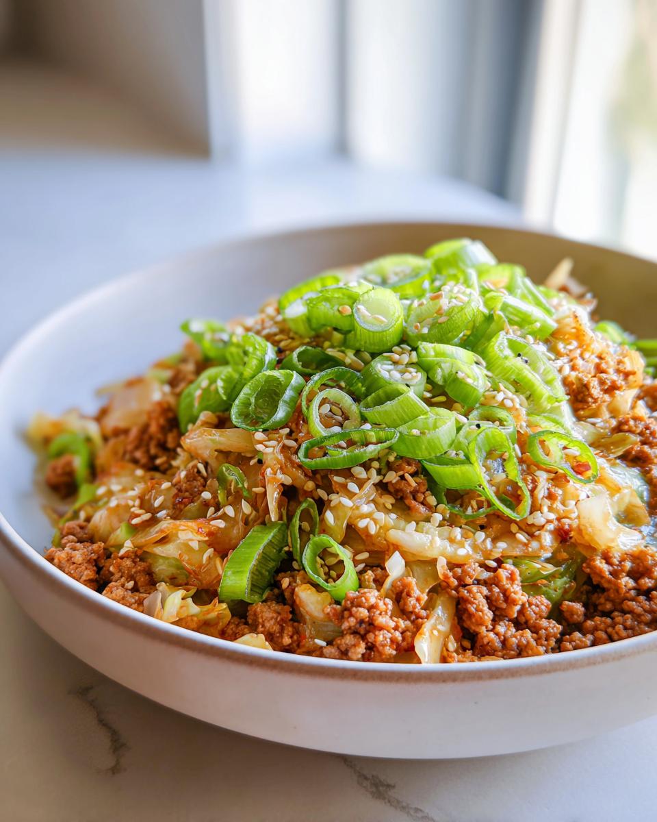 A close-up of a bowl of egg roll in a bowl topped generously with sliced green onions and sesame seeds.