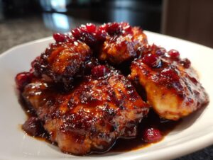 Close-up of four pieces of glazed cranberry chicken covered in a thick, dark, shiny sauce and whole cranberries.