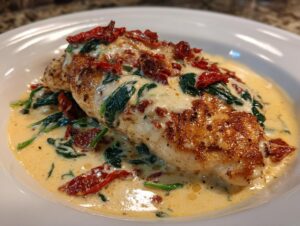 A perfectly seared chicken breast smothered in a rich, creamy Tuscan sauce with spinach and sun-dried tomatoes, our creamy tuscan chicken.