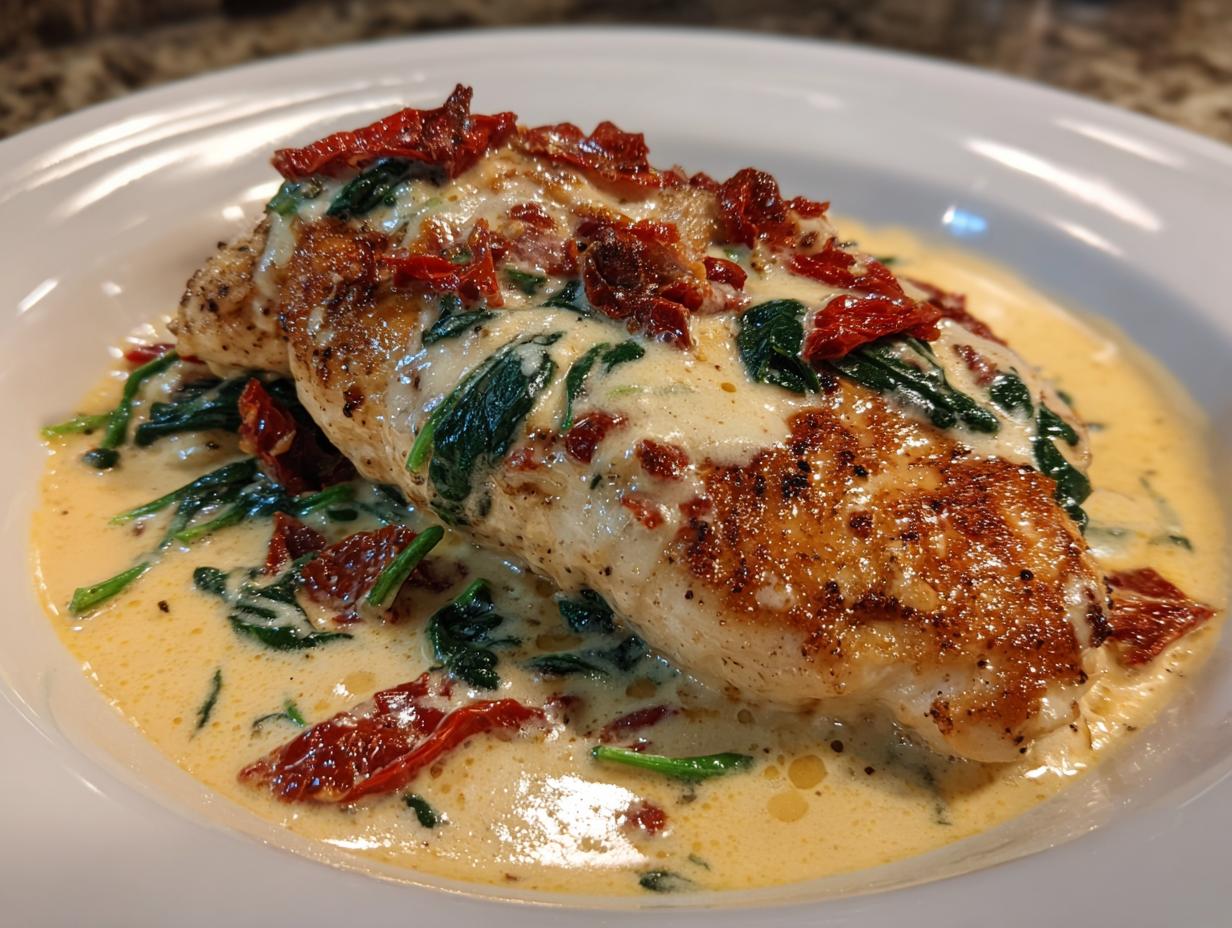 A perfectly seared chicken breast smothered in a rich, creamy Tuscan sauce with spinach and sun-dried tomatoes, our creamy tuscan chicken.